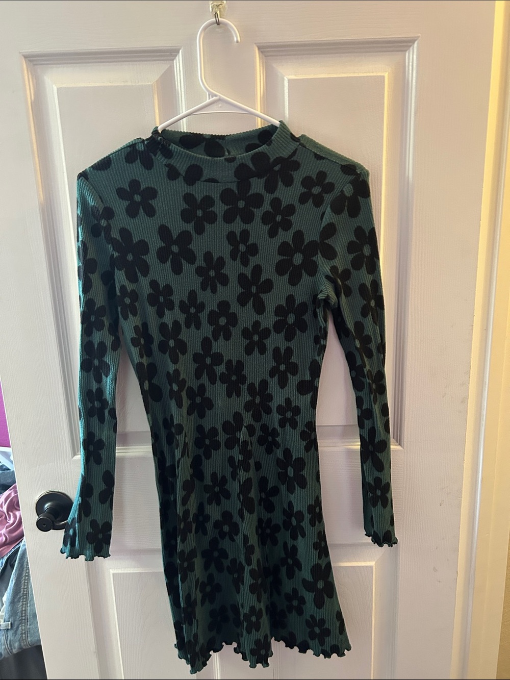 Green Ribbed Long-Sleeve Dress with Black Floral Print